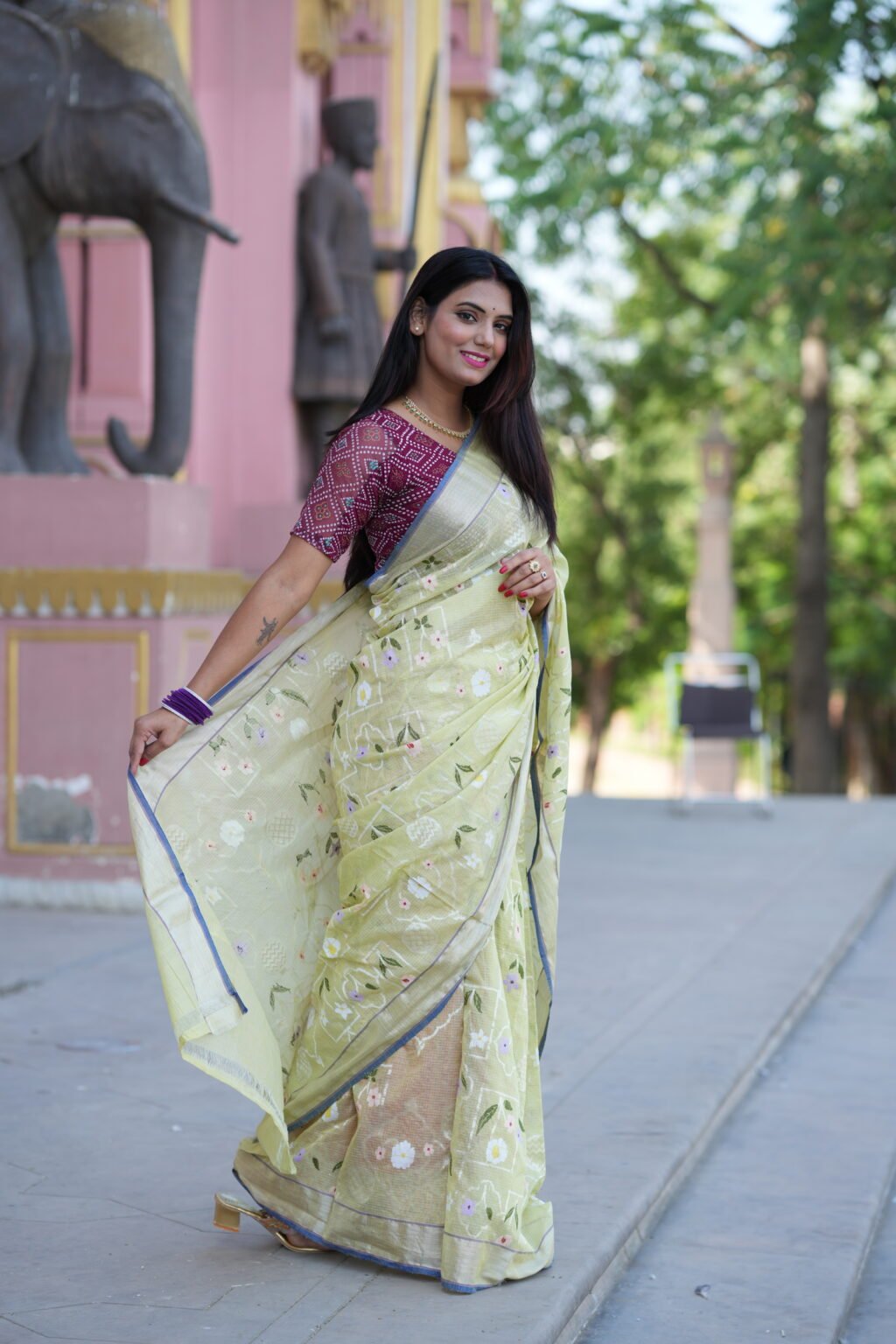 Pastel Green Jal Kota Doria Zari Saree - Image 4