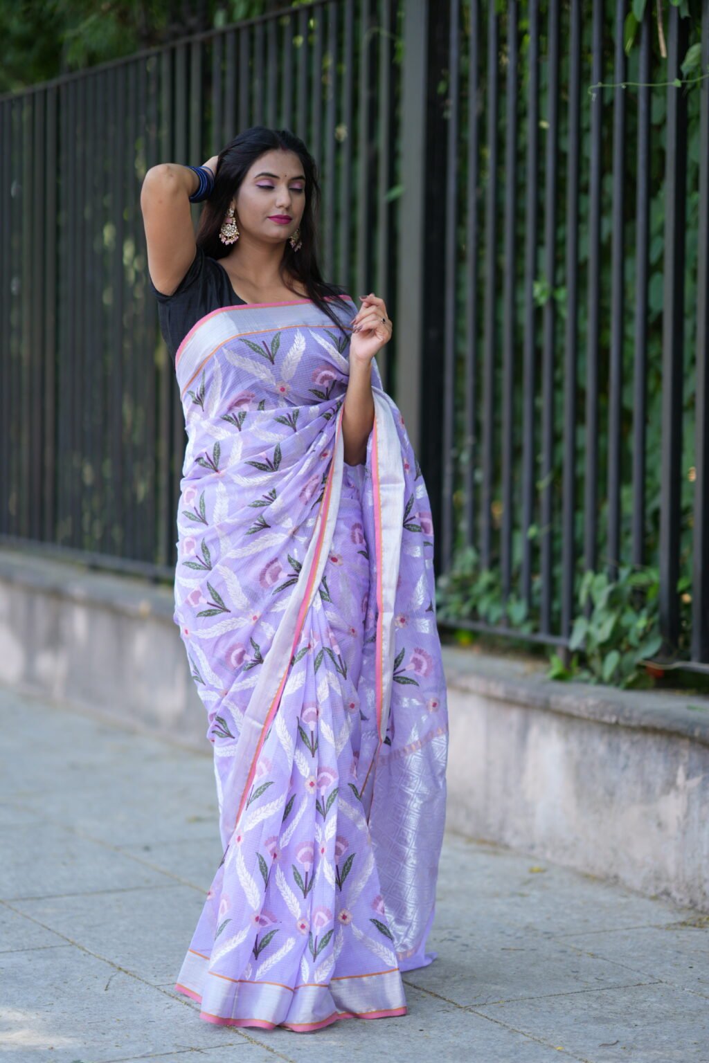 Stunning Purple Jal Kota Doria Zari Saree - Image 7