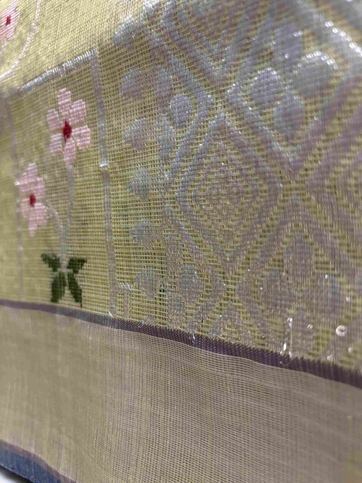 Linen Peafowl Print Kota Doria Zari Work Embroidery Cotton Saree main image 1